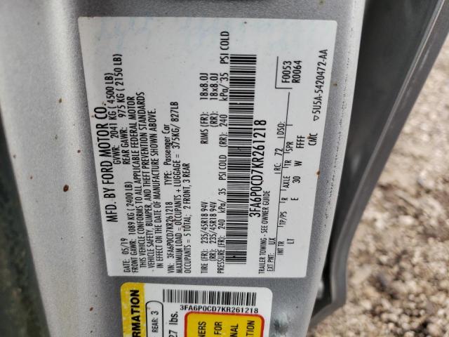 VIN 3FA6P0CD7KR261218 2019 Ford Fusion, Sel no.12