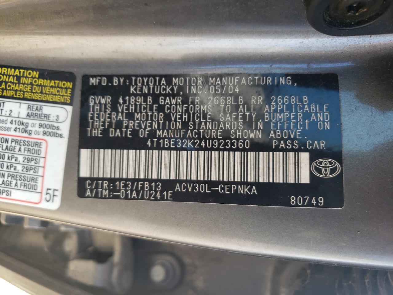 4T1BE32K24U923360 2004 Toyota Camry Le