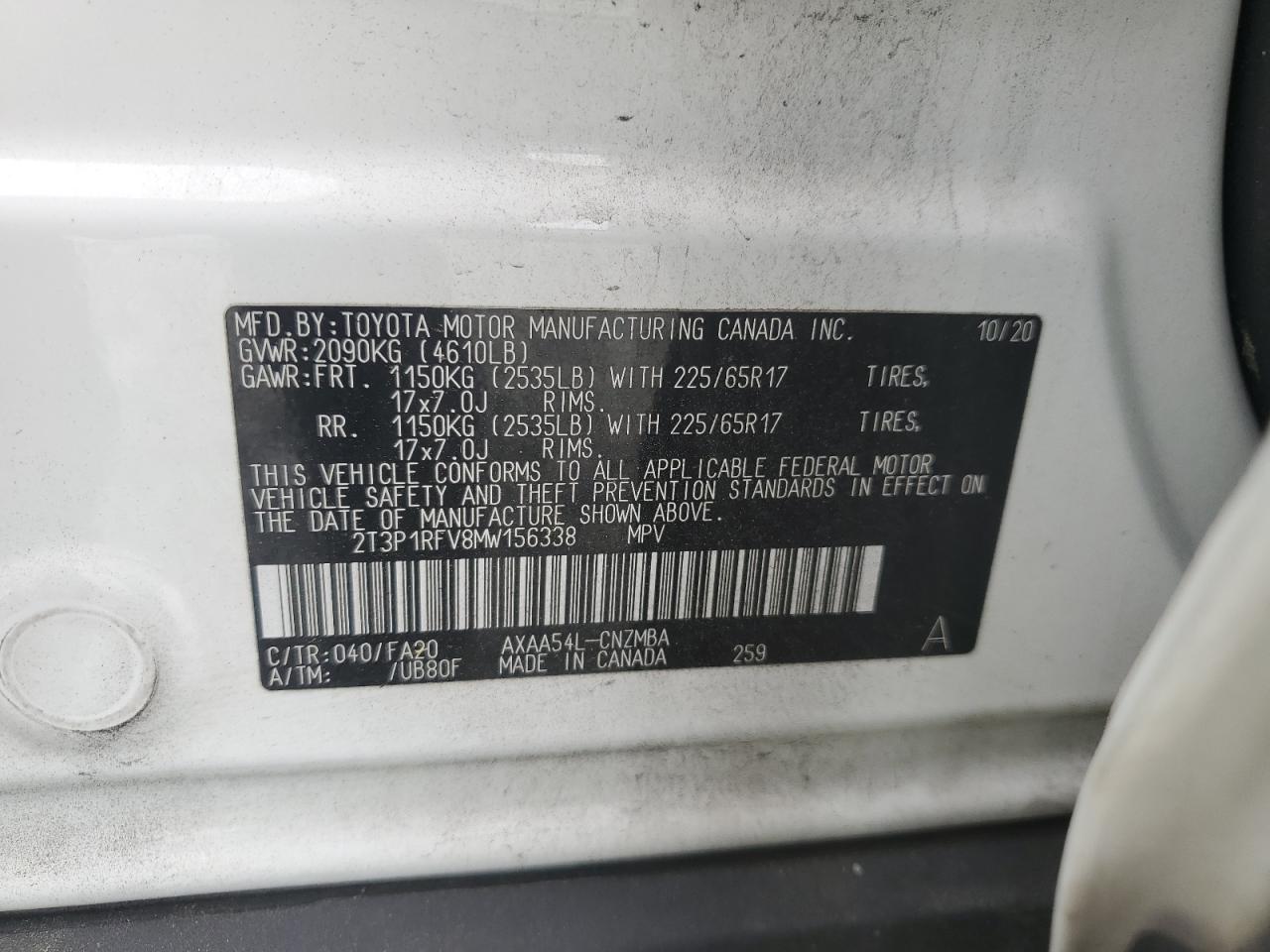 2T3P1RFV8MW156338 2021 Toyota Rav4 Xle