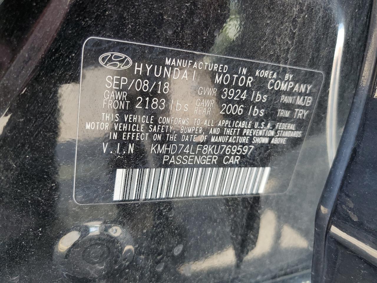 KMHD74LF8KU769597 2019 Hyundai Elantra Se
