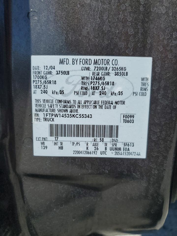 1FTPW14535KC55343 2005 Ford F150 Supercrew