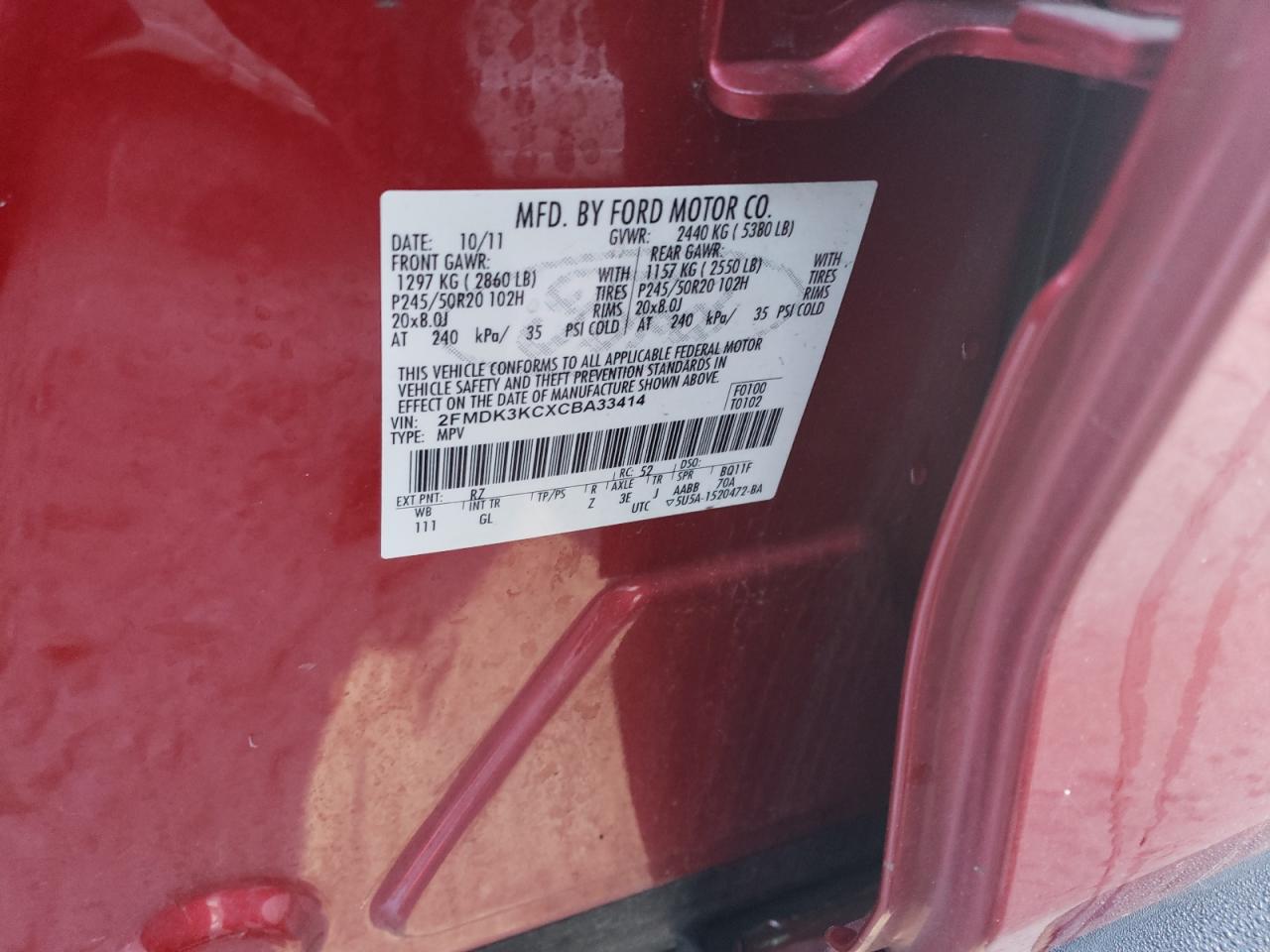 2FMDK3KCXCBA33414 2012 Ford Edge Limited