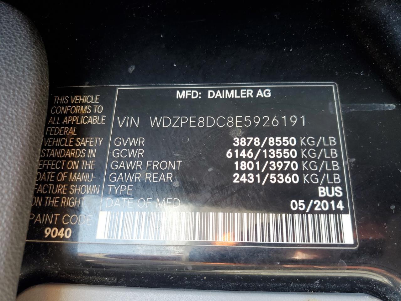 WDZPE8DC8E5926191 2014 Mercedes-Benz Sprinter 2500