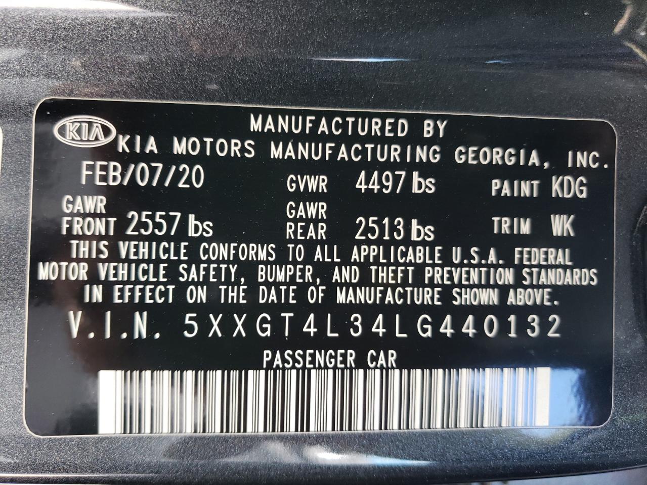 5XXGT4L34LG440132 2020 Kia Optima Lx