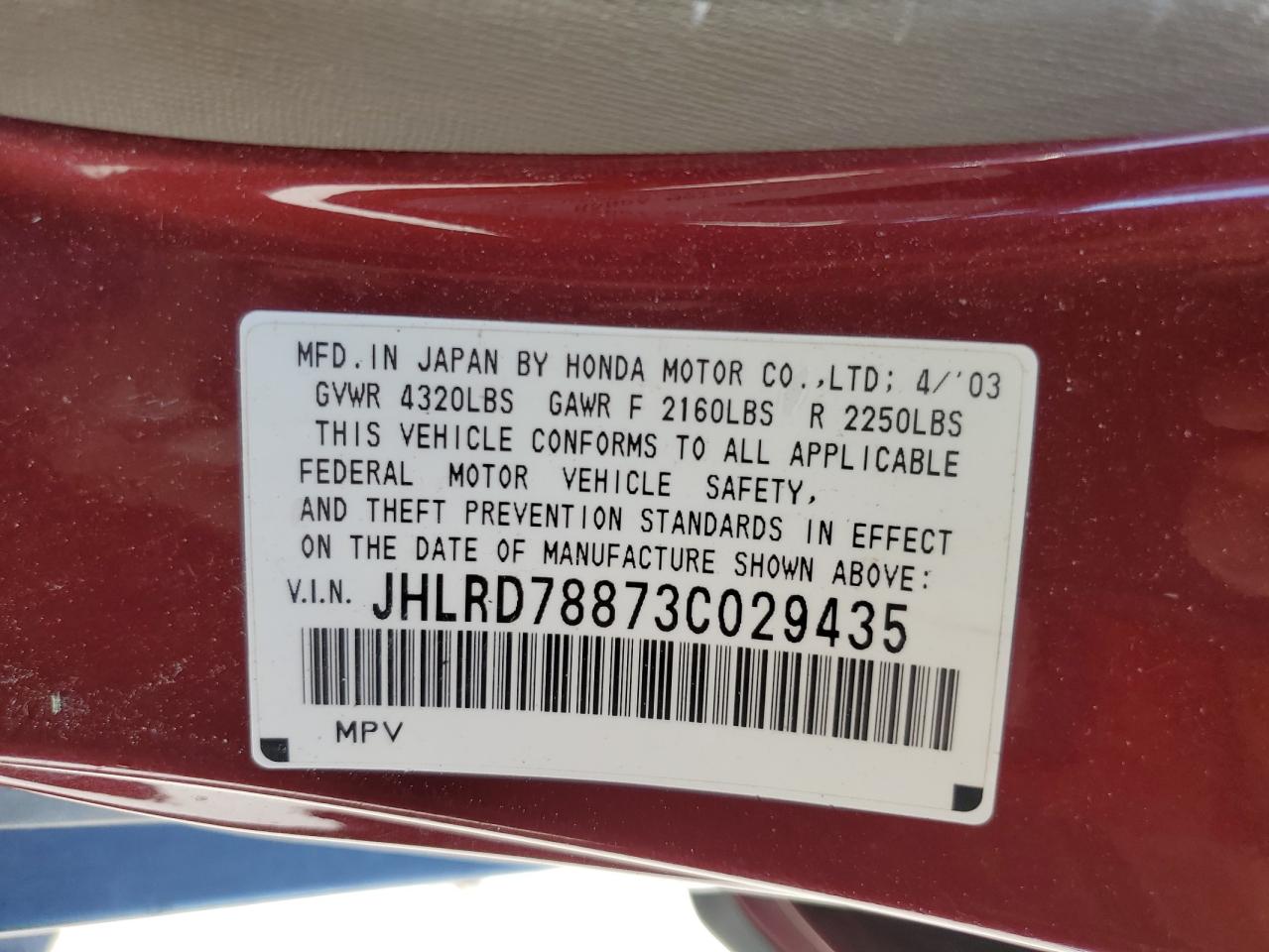 JHLRD78873C029435 2003 Honda Cr-V Ex