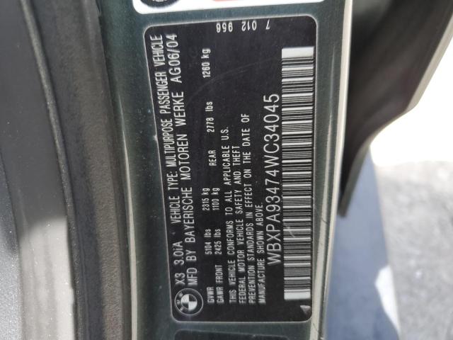 2004 BMW X3 3.0I VIN: WBXPA93474WC34045 Lot: 53311864