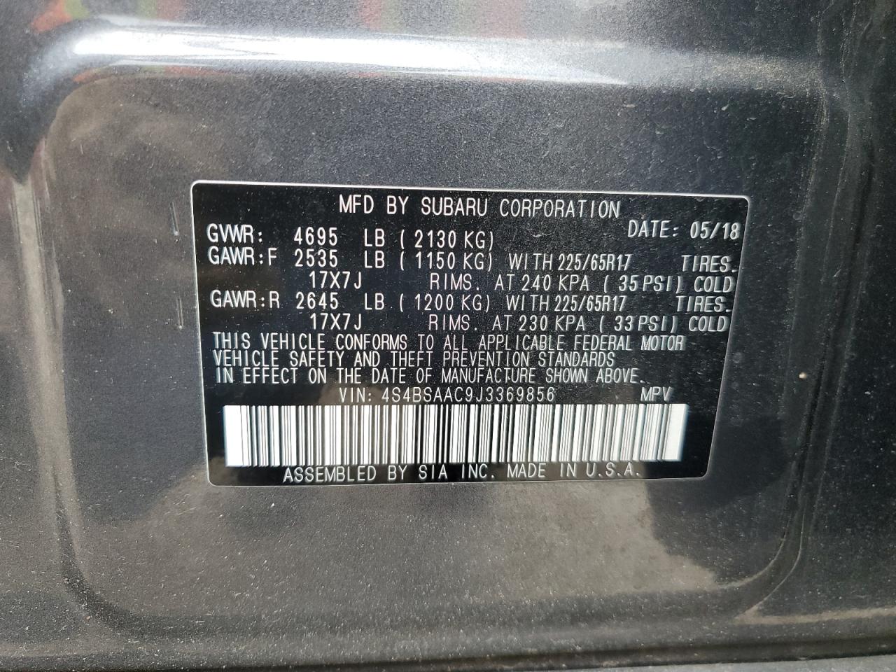 4S4BSAAC9J3369856 2018 Subaru Outback 2.5I