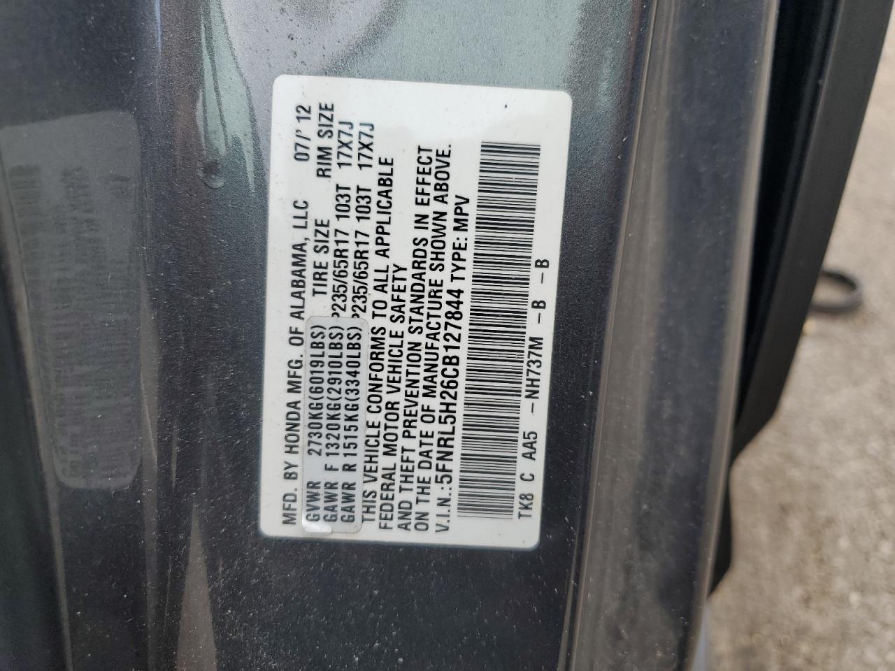 5FNRL5H26CB127844 2012 Honda Odyssey Lx