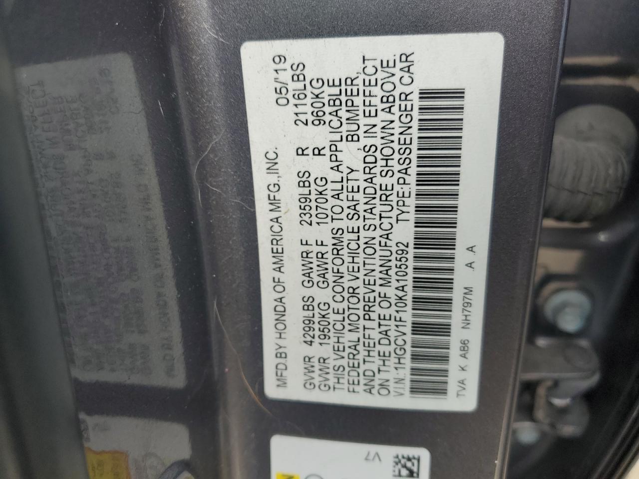 1HGCV1F10KA105592 2019 Honda Accord Lx