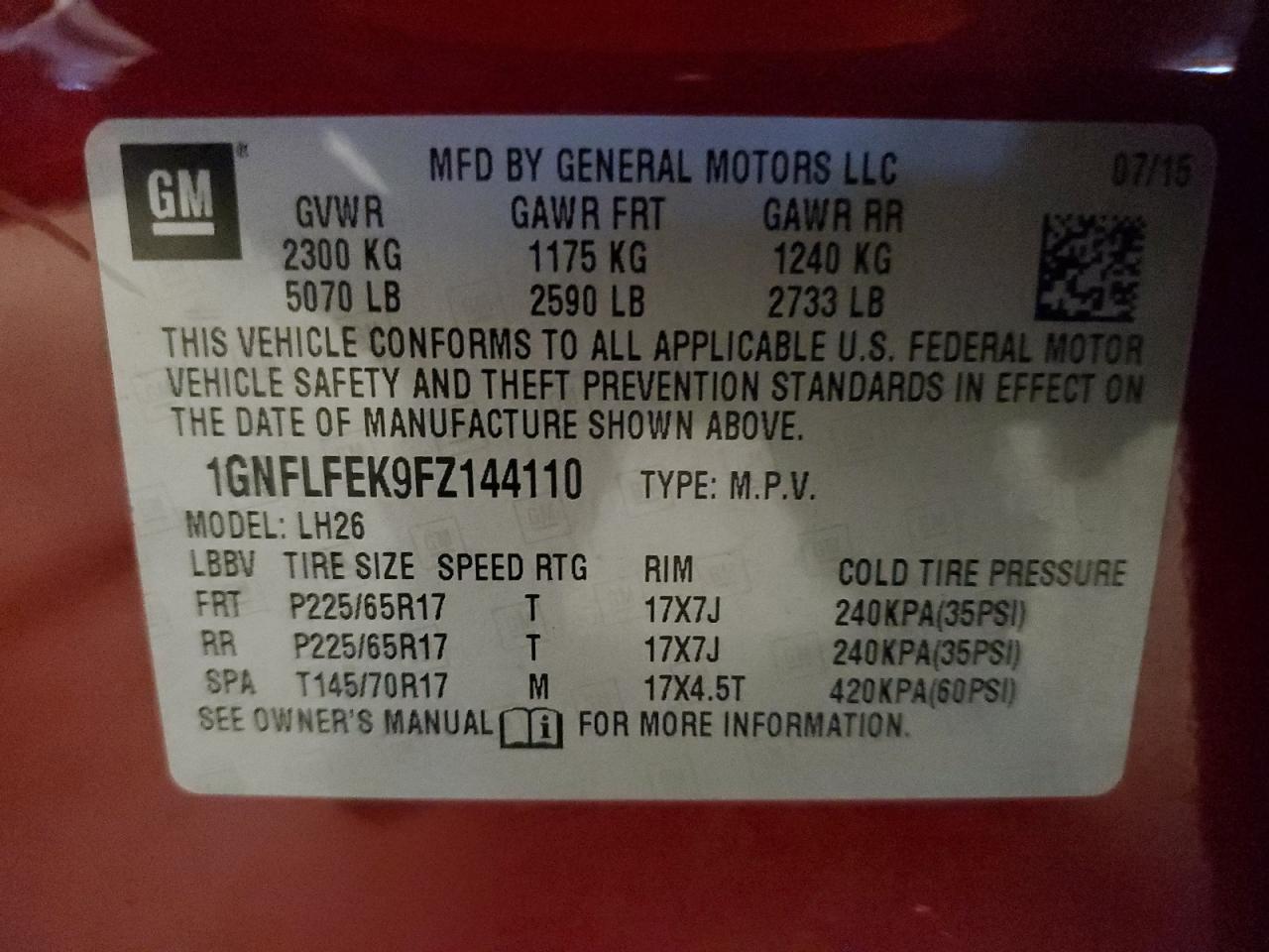 1GNFLFEK9FZ144110 2015 Chevrolet Equinox Lt