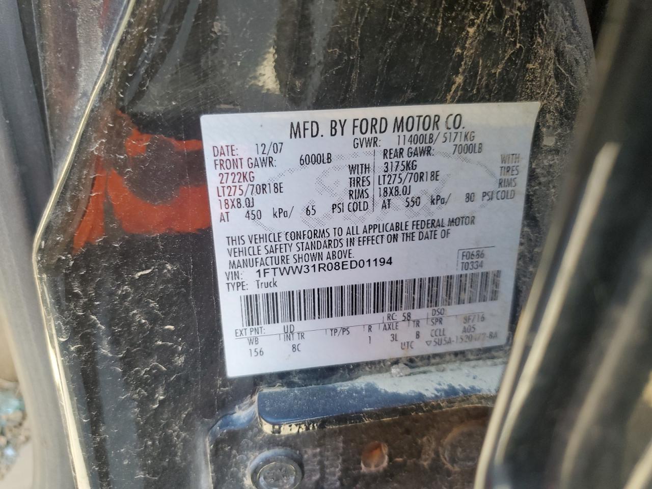 1FTWW31R08ED01194 2008 Ford F350 Srw Super Duty