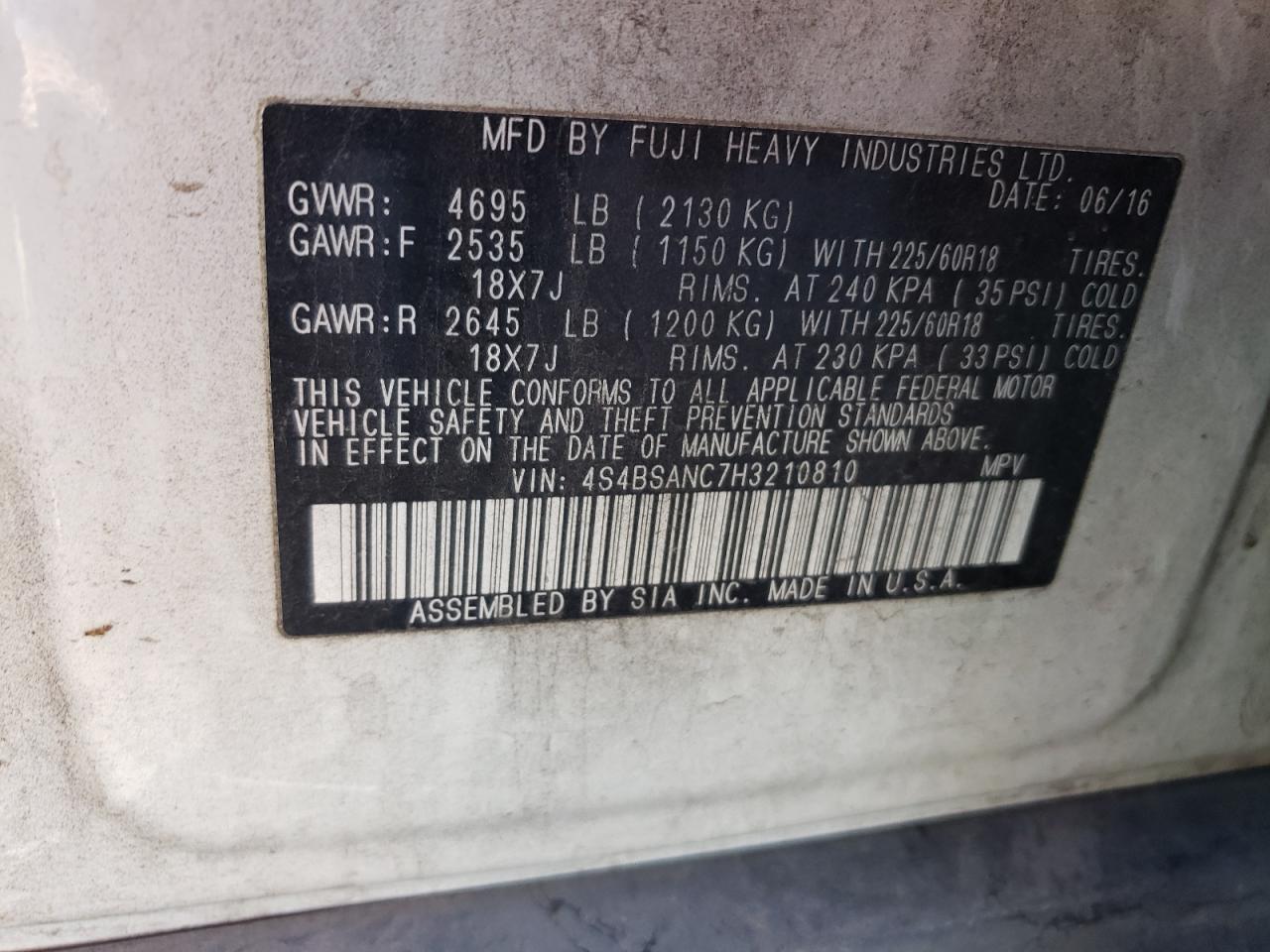 4S4BSANC7H3210810 2017 Subaru Outback 2.5I Limited