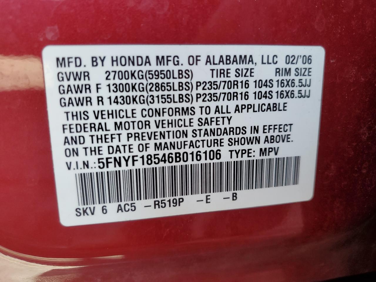 5FNYF18546B016106 2006 Honda Pilot Ex