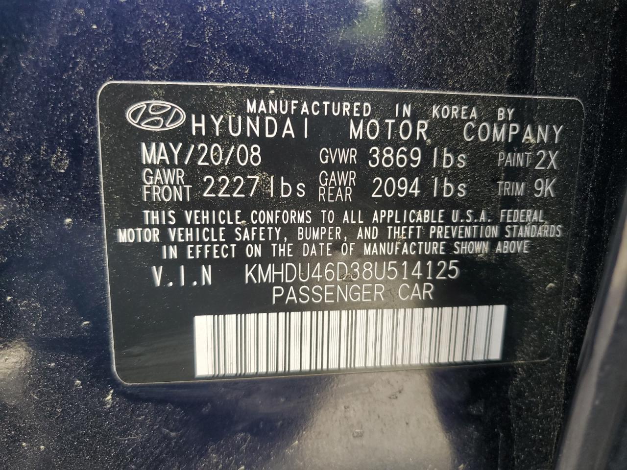 KMHDU46D38U514125 2008 Hyundai Elantra Gls