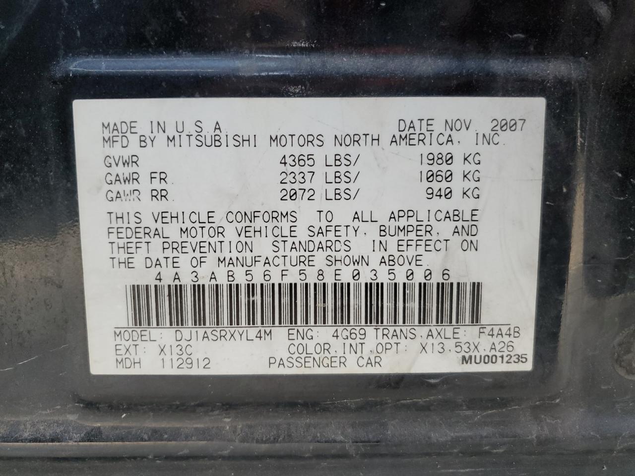 4A3AB56F58E035006 2008 Mitsubishi Galant Es Premium