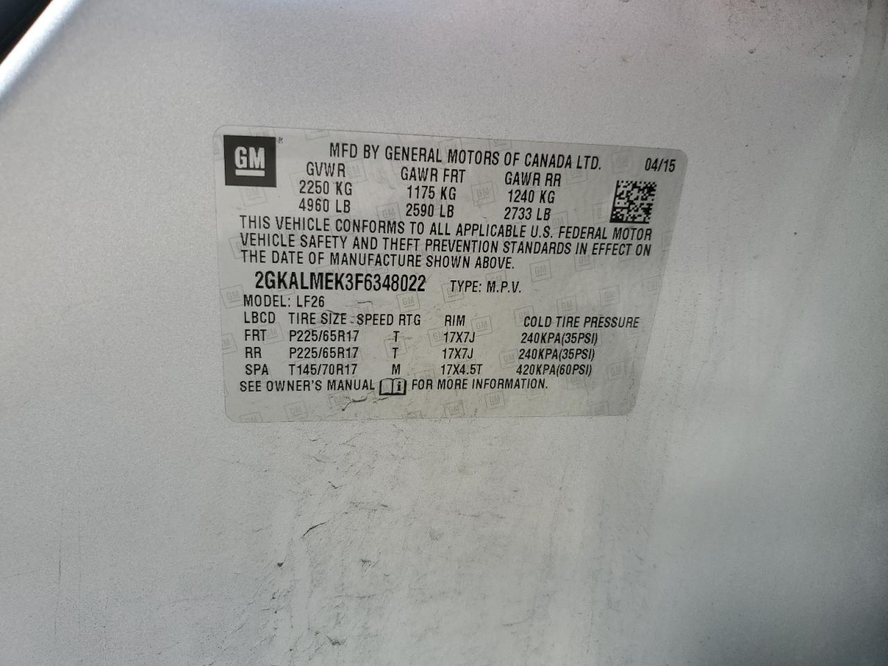 2GKALMEK3F6348022 2015 GMC Terrain Sle