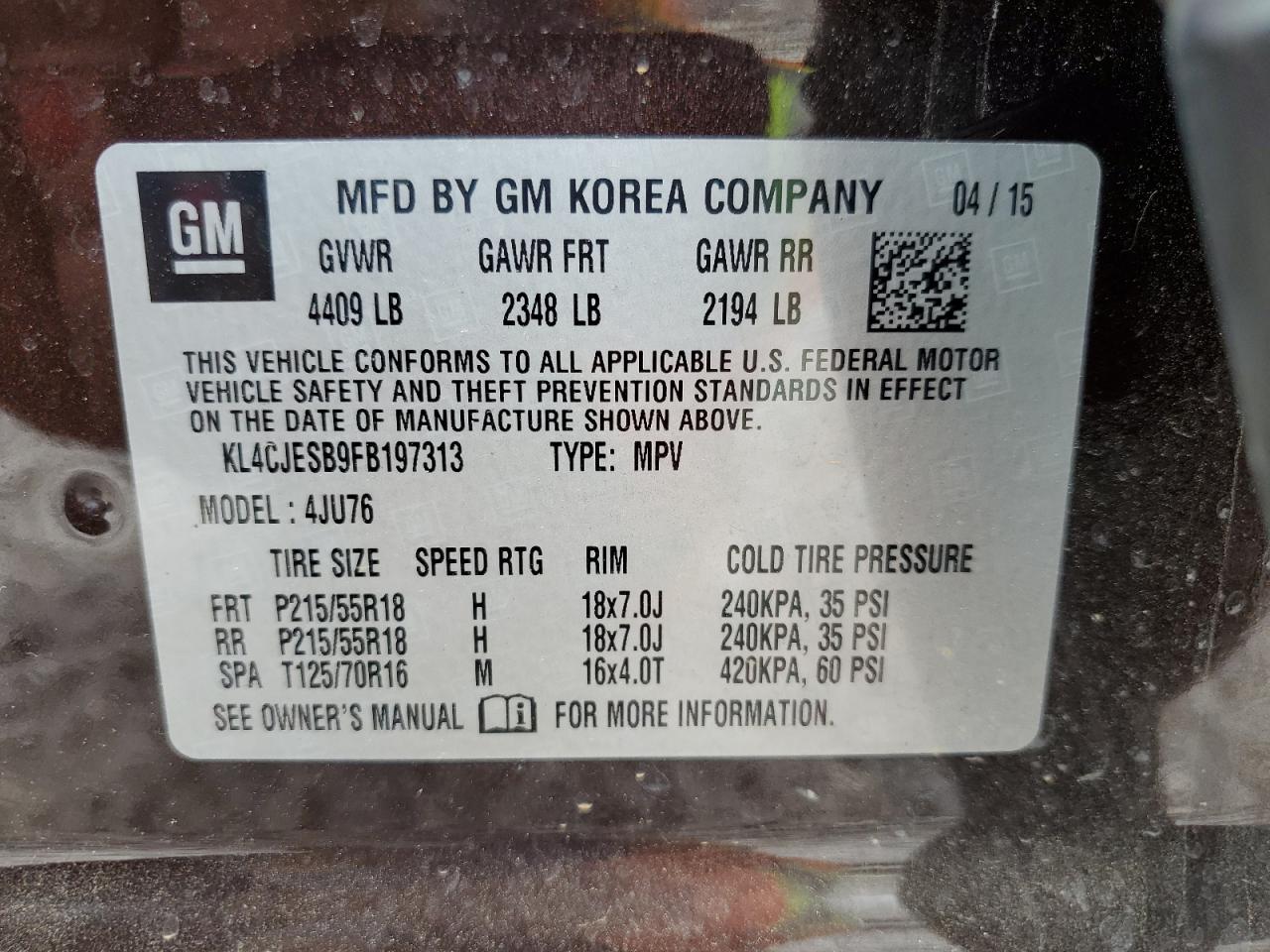 KL4CJESB9FB197313 2015 Buick Encore