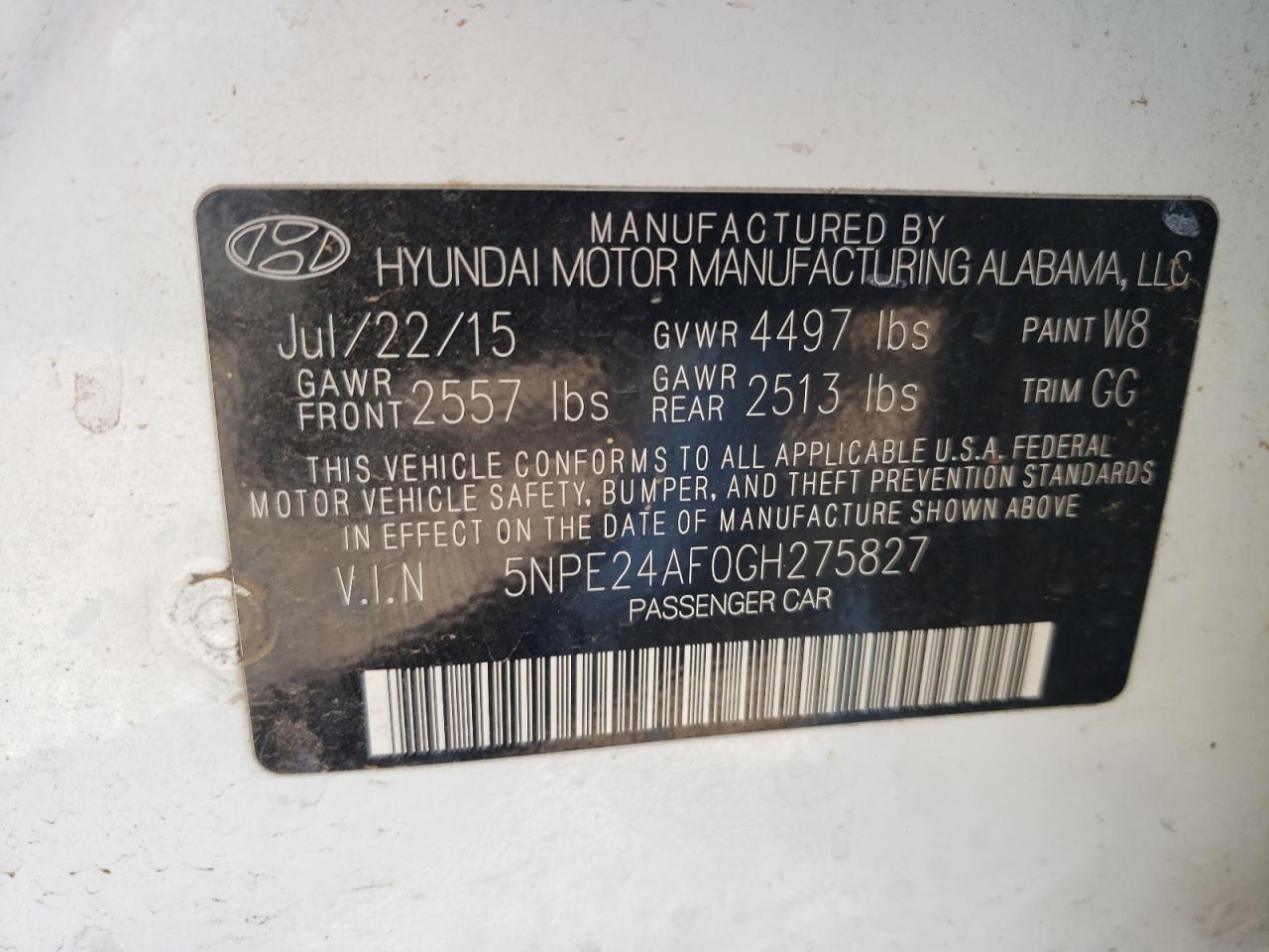 5NPE24AF0GH275827 2016 Hyundai Sonata Se