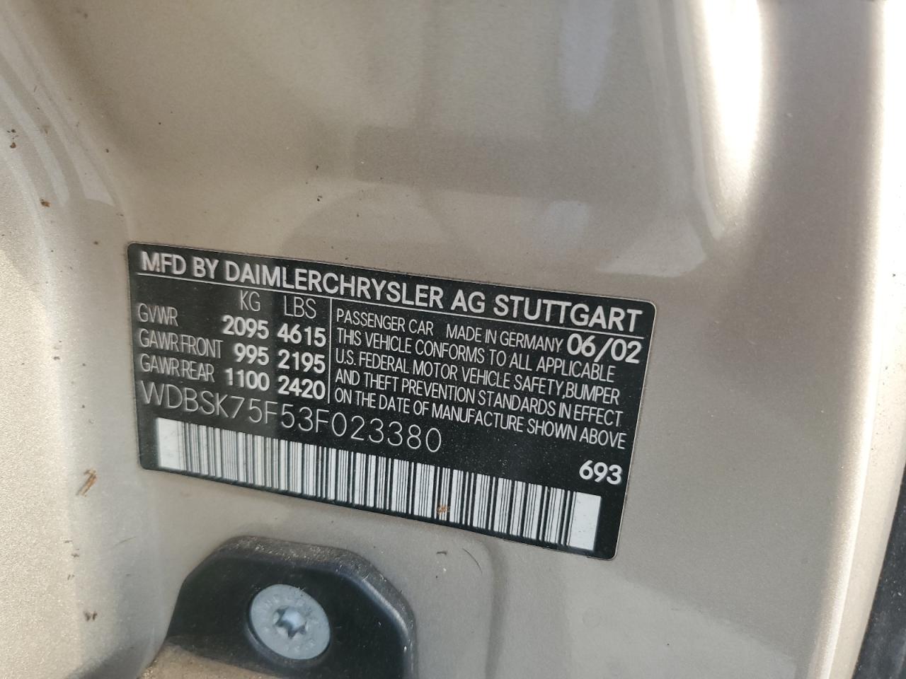 WDBSK75F53F023380 2003 Mercedes-Benz Sl 500R