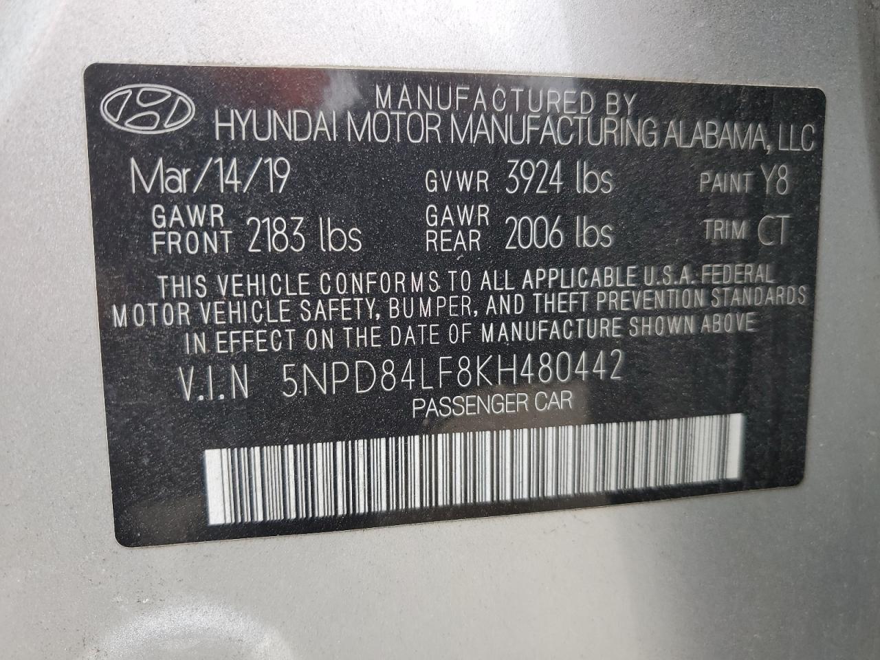 5NPD84LF8KH480442 2019 Hyundai Elantra Sel