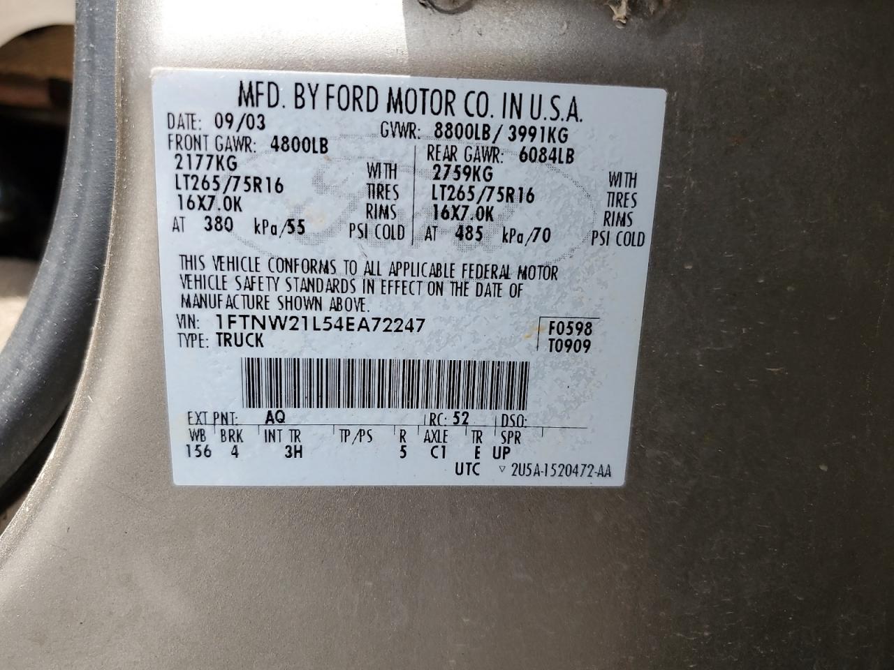 1FTNW21L54EA72247 2004 Ford F250 Super Duty