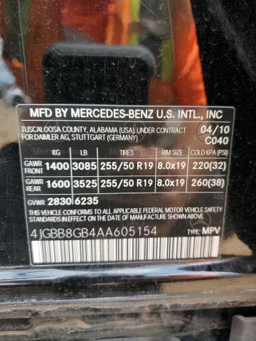 2010 Mercedes-Benz Ml 350 4Matic VIN: 4JGBB8GB4AA605154 Lot: 54438654