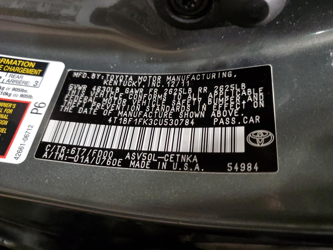 4T1BF1FK3CU530784 2012 Toyota Camry Base