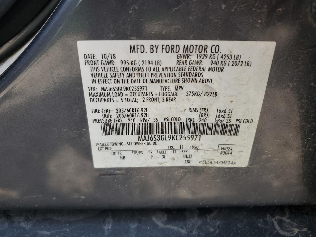 MAJ6S3GL9KC255971 2019 Ford Ecosport Se