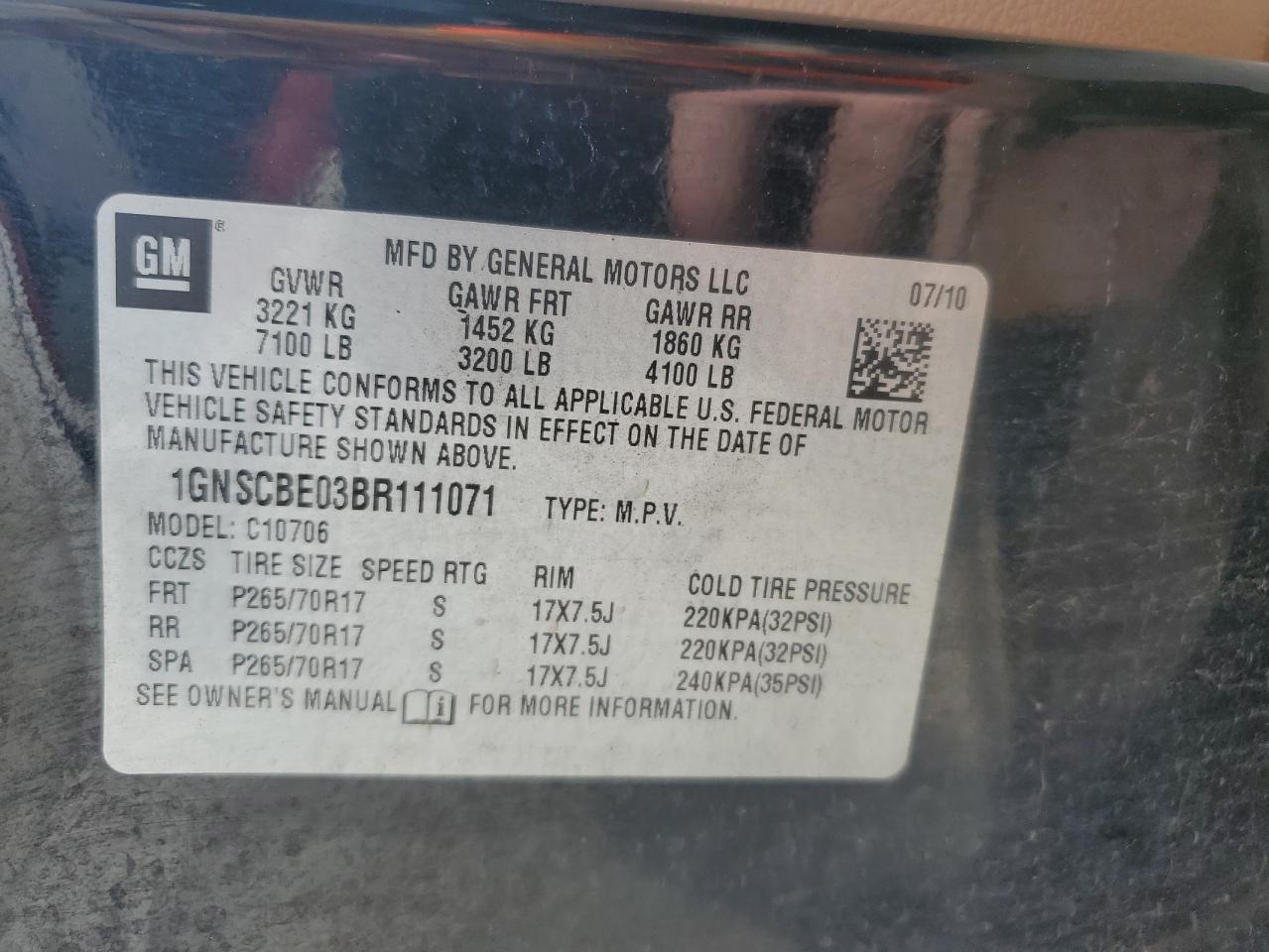 1GNSCBE03BR111071 2011 Chevrolet Tahoe C1500 Lt