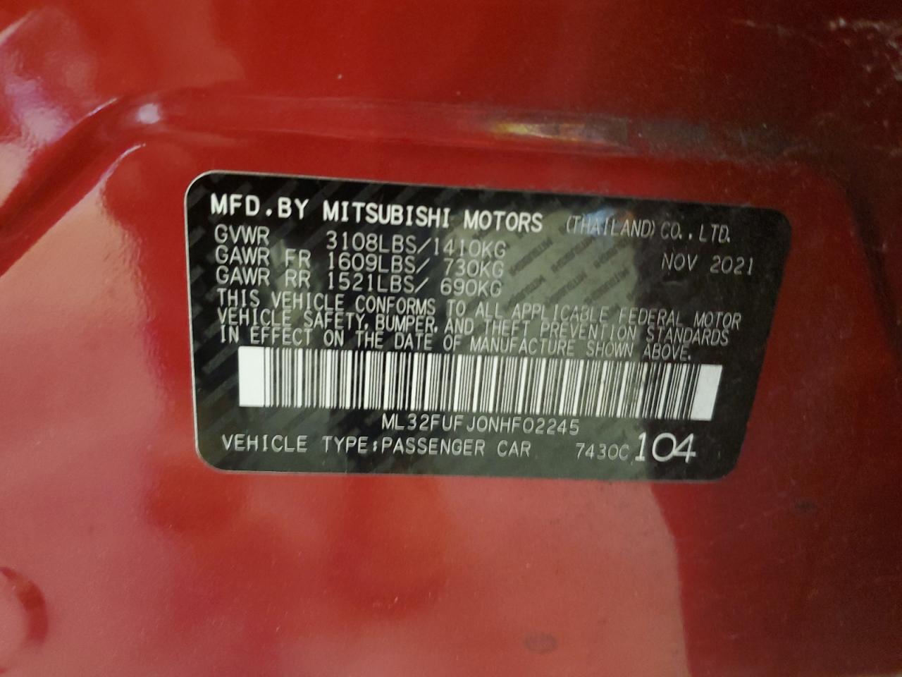 ML32FUFJ0NHF02245 2022 Mitsubishi Mirage G4 Es