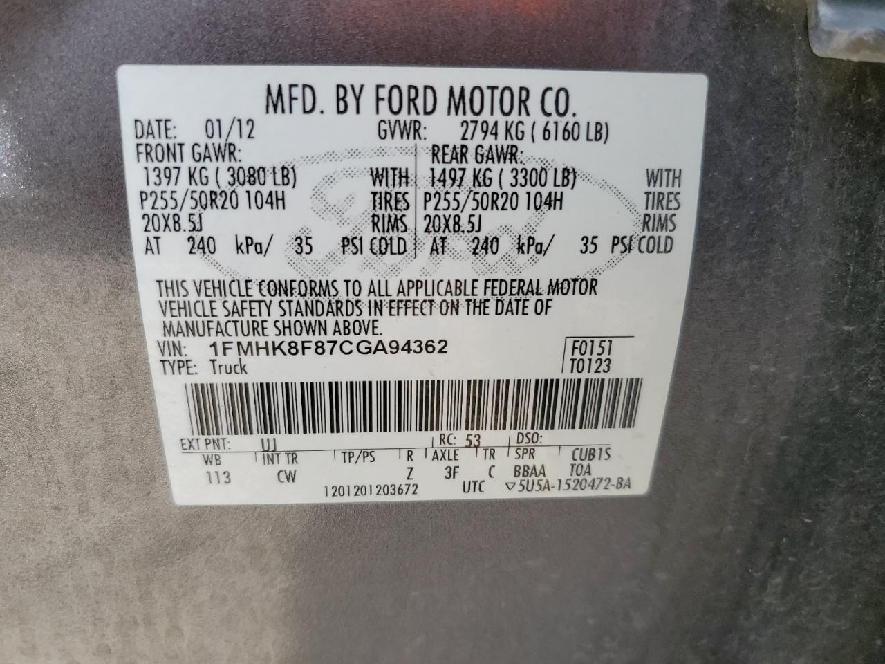 1FMHK8F87CGA94362 2012 Ford Explorer Limited