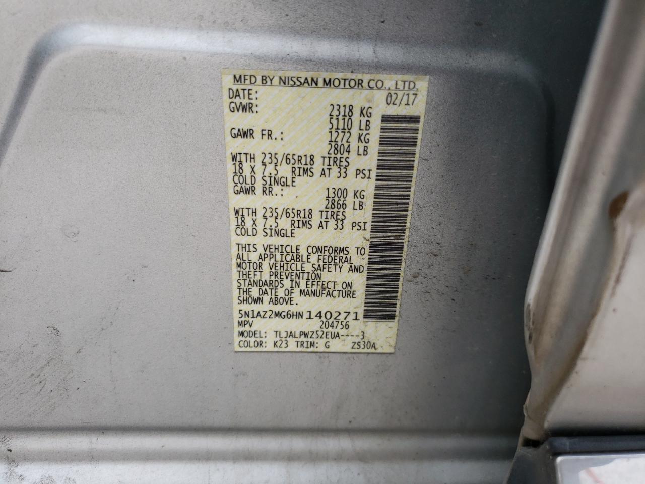 5N1AZ2MG6HN140271 NISSAN MURANO 2017