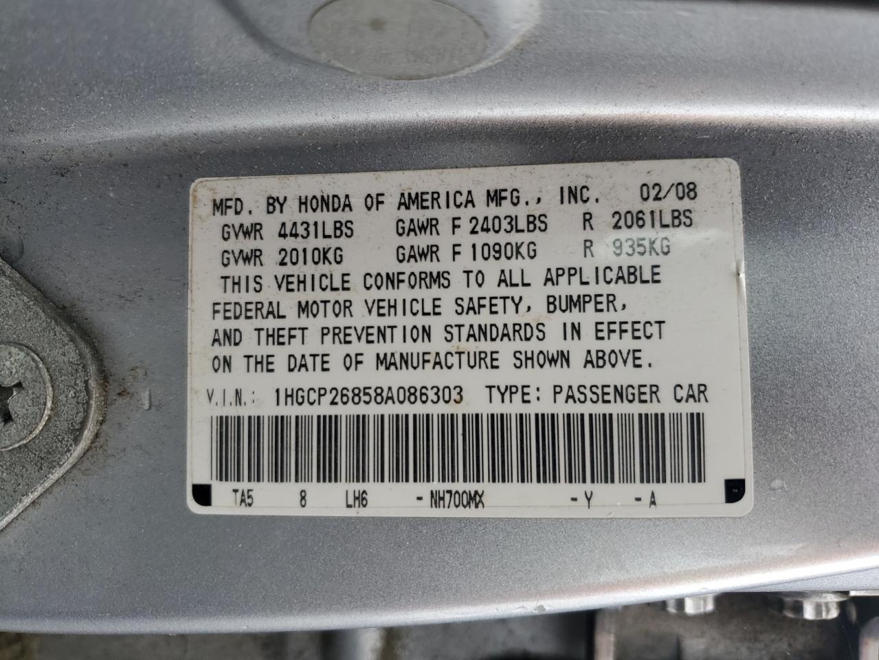 1HGCP26858A086303 2008 Honda Accord Exl