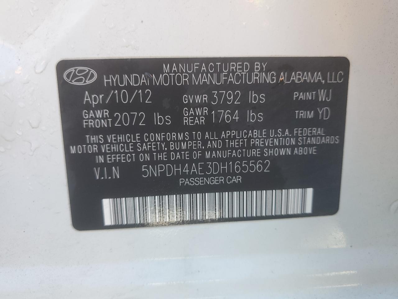 5NPDH4AE3DH165562 2013 Hyundai Elantra Gls