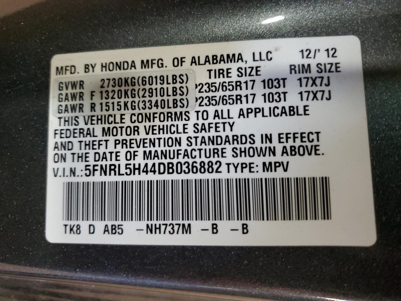 5FNRL5H44DB036882 2013 Honda Odyssey Ex