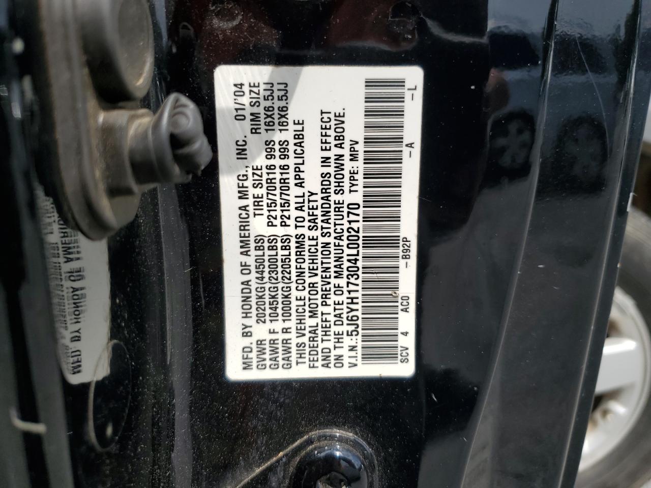 5J6YH17304L002170 2004 Honda Element Lx