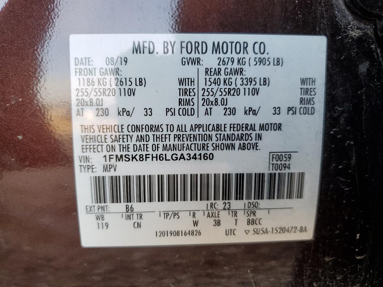 1FMSK8FH6LGA34160 2020 Ford Explorer Limited