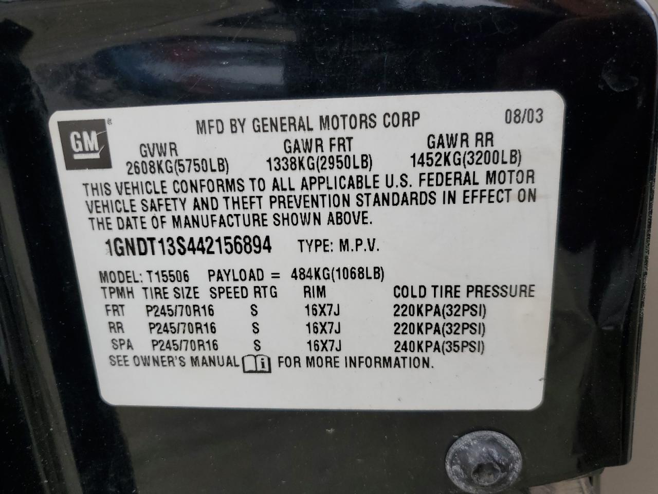 1GNDT13S442156894 2004 Chevrolet Trailblazer Ls