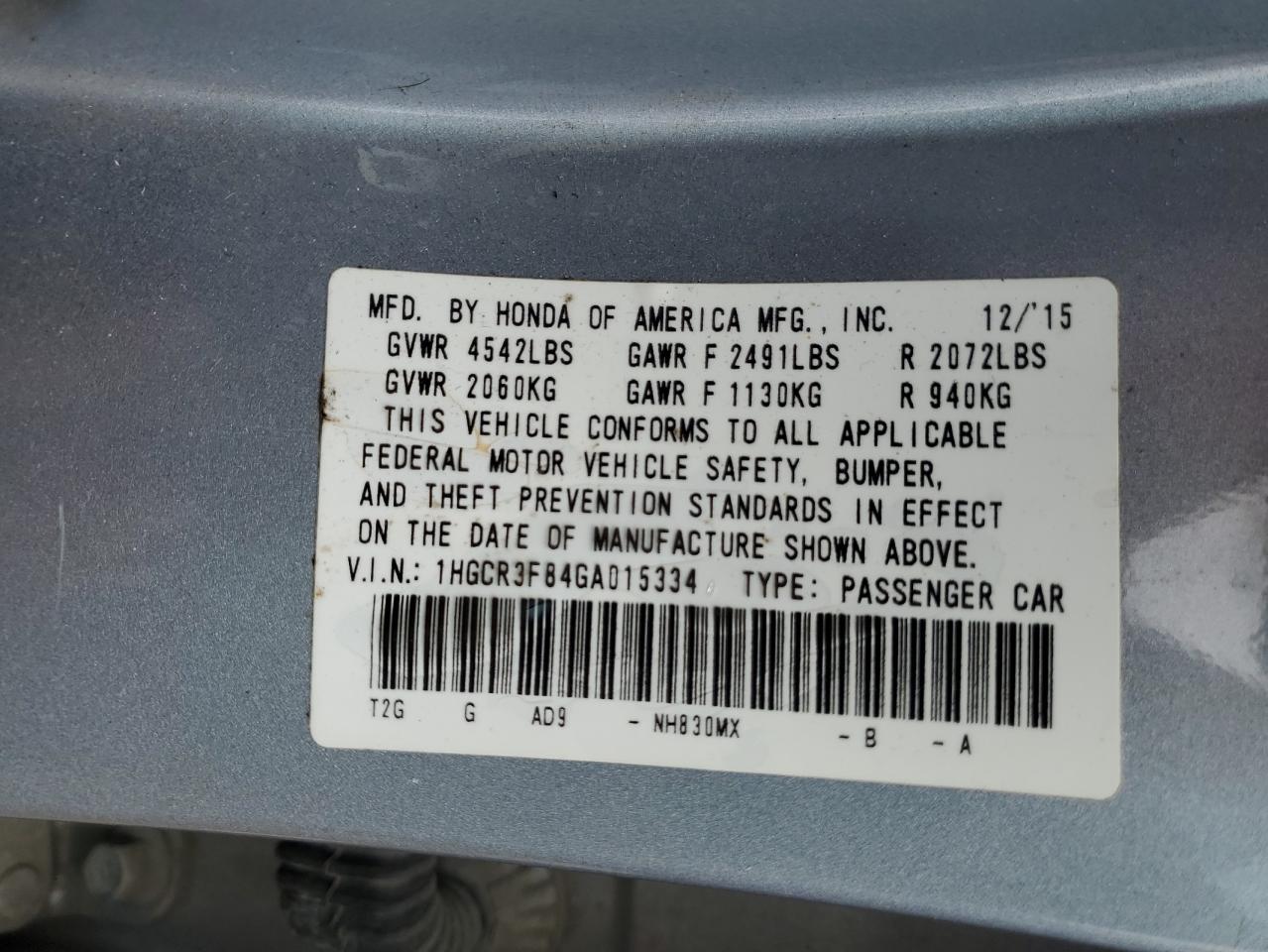 1HGCR3F84GA015334 2016 Honda Accord Exl