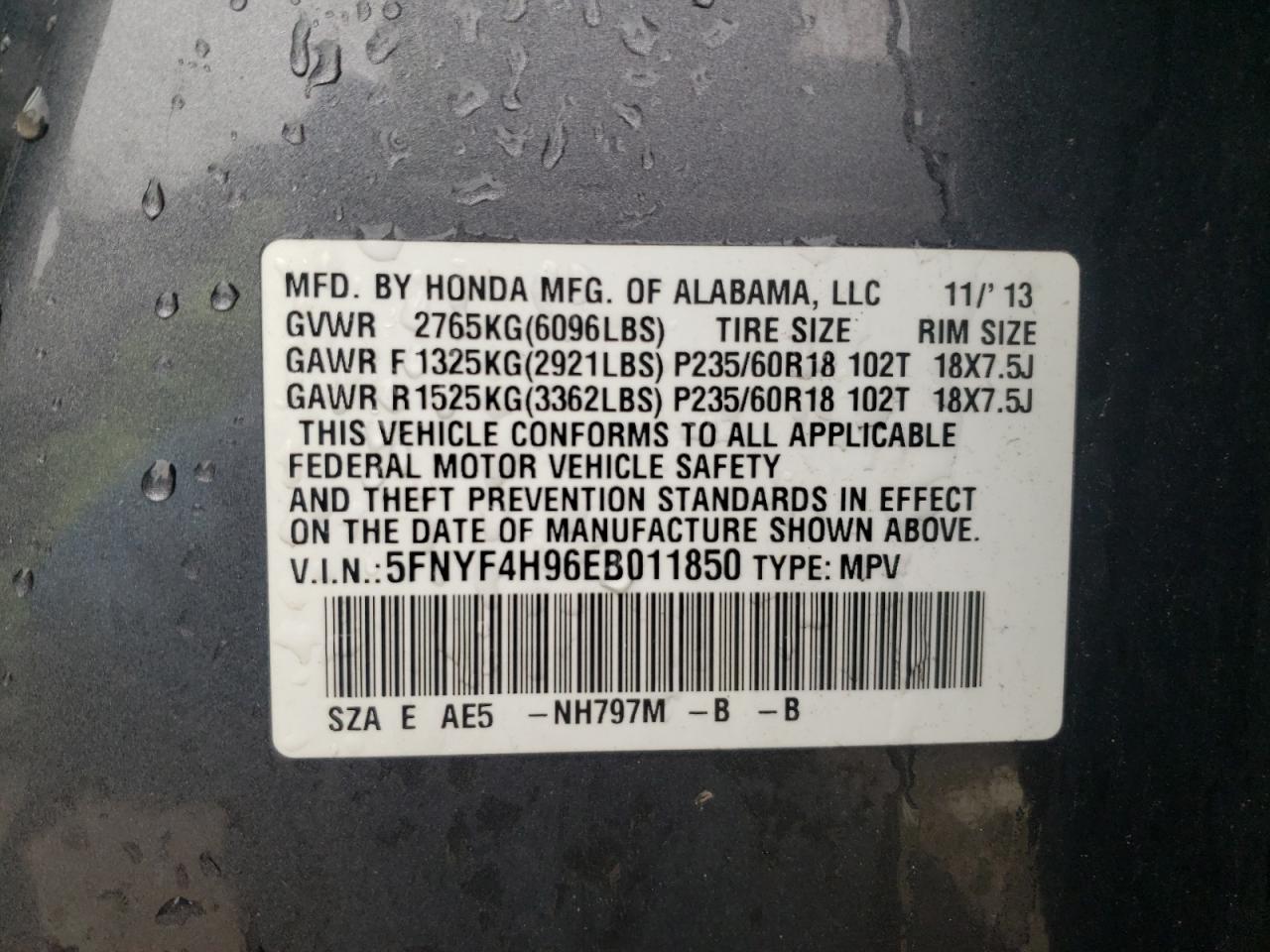 5FNYF4H96EB011850 2014 Honda Pilot Touring