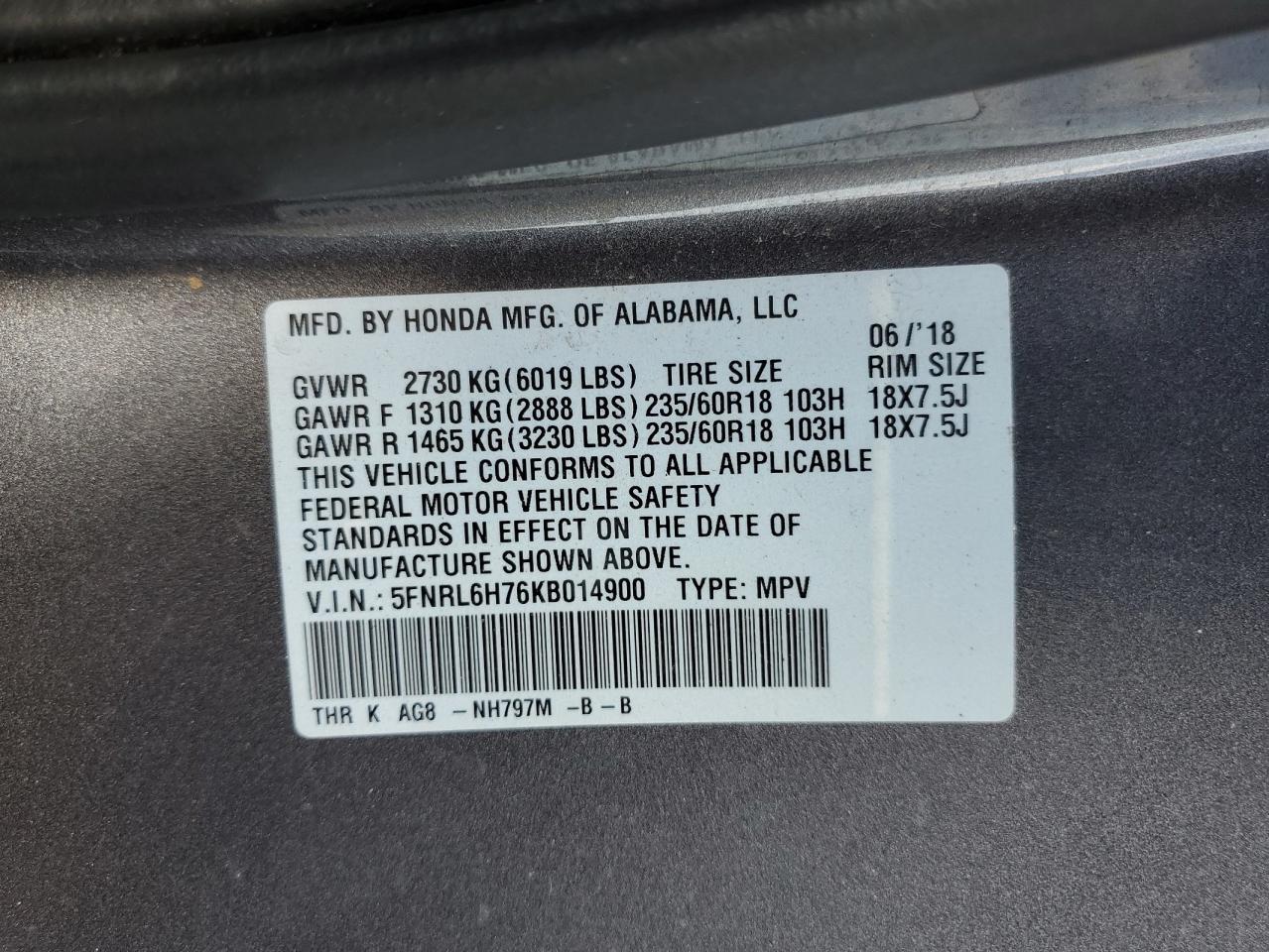 5FNRL6H76KB014900 2019 Honda Odyssey Exl