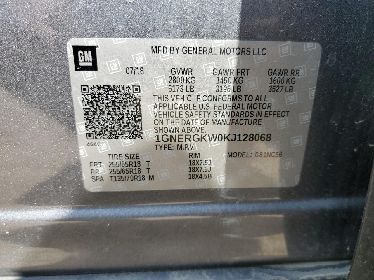 1GNERGKW0KJ128068 2019 Chevrolet Traverse Lt