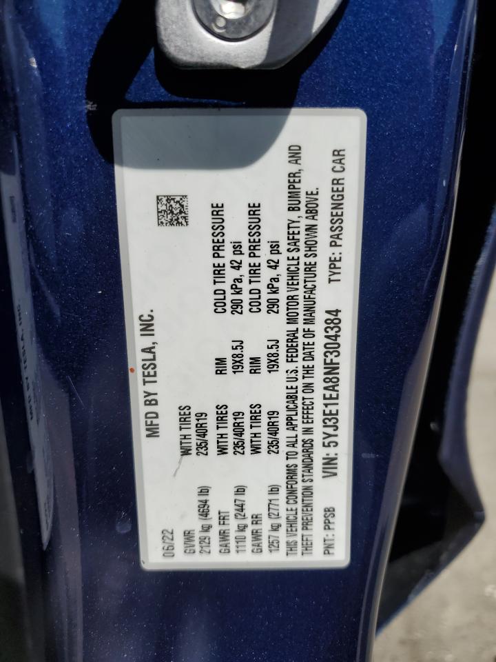 5YJ3E1EA8NF304384 2022 Tesla Model 3