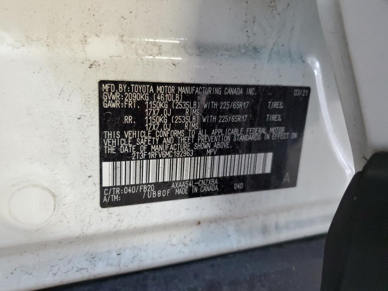 2T3F1RFV6MC192963 2021 Toyota Rav4 Le