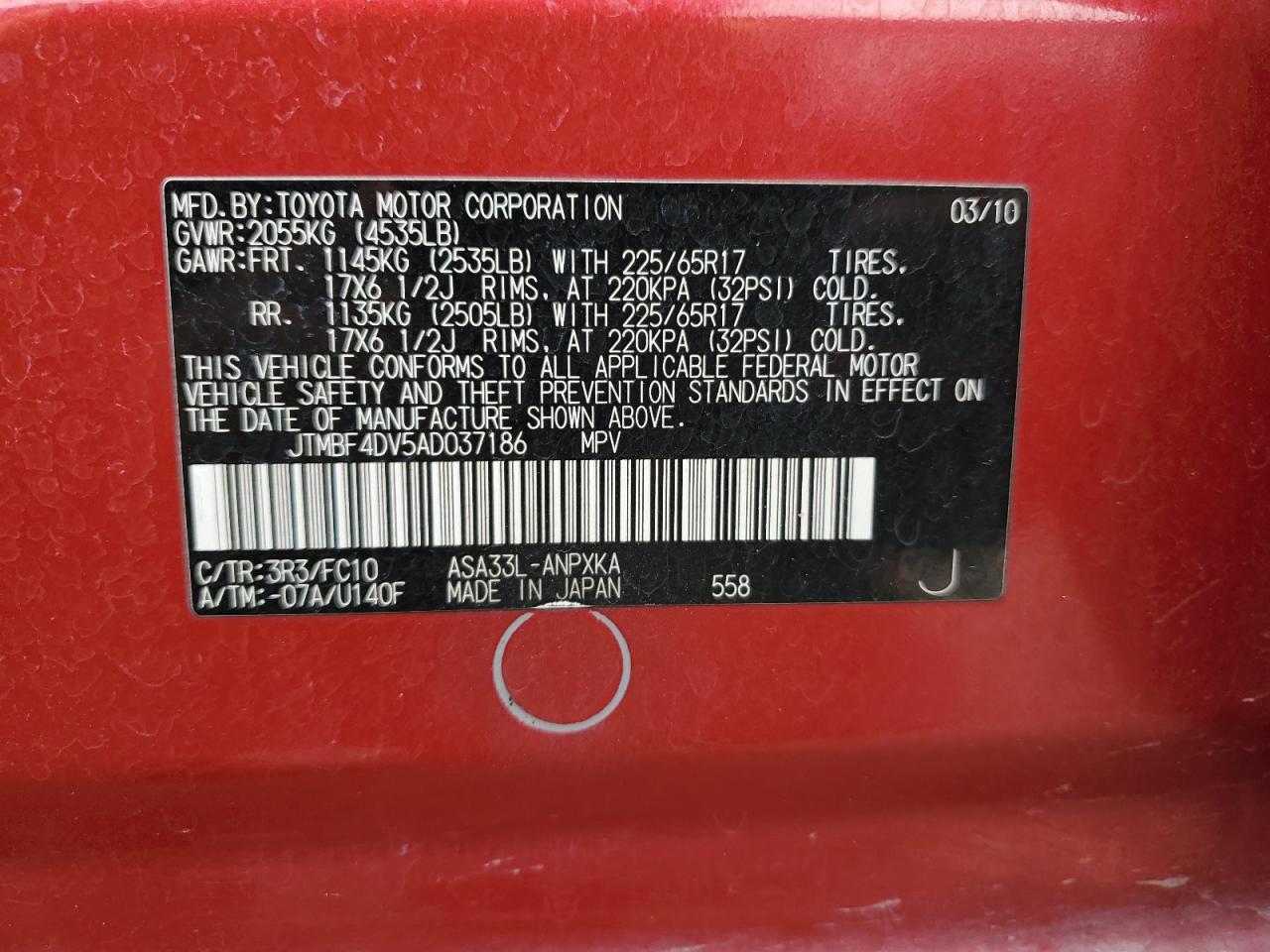 JTMBF4DV5AD037186 2010 Toyota Rav4