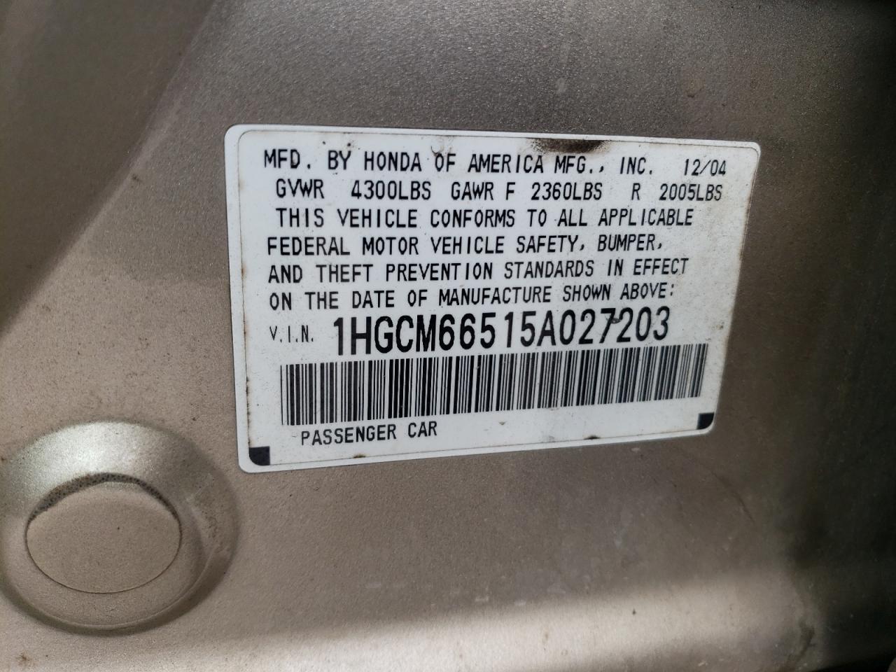 1HGCM66515A027203 2005 Honda Accord Ex