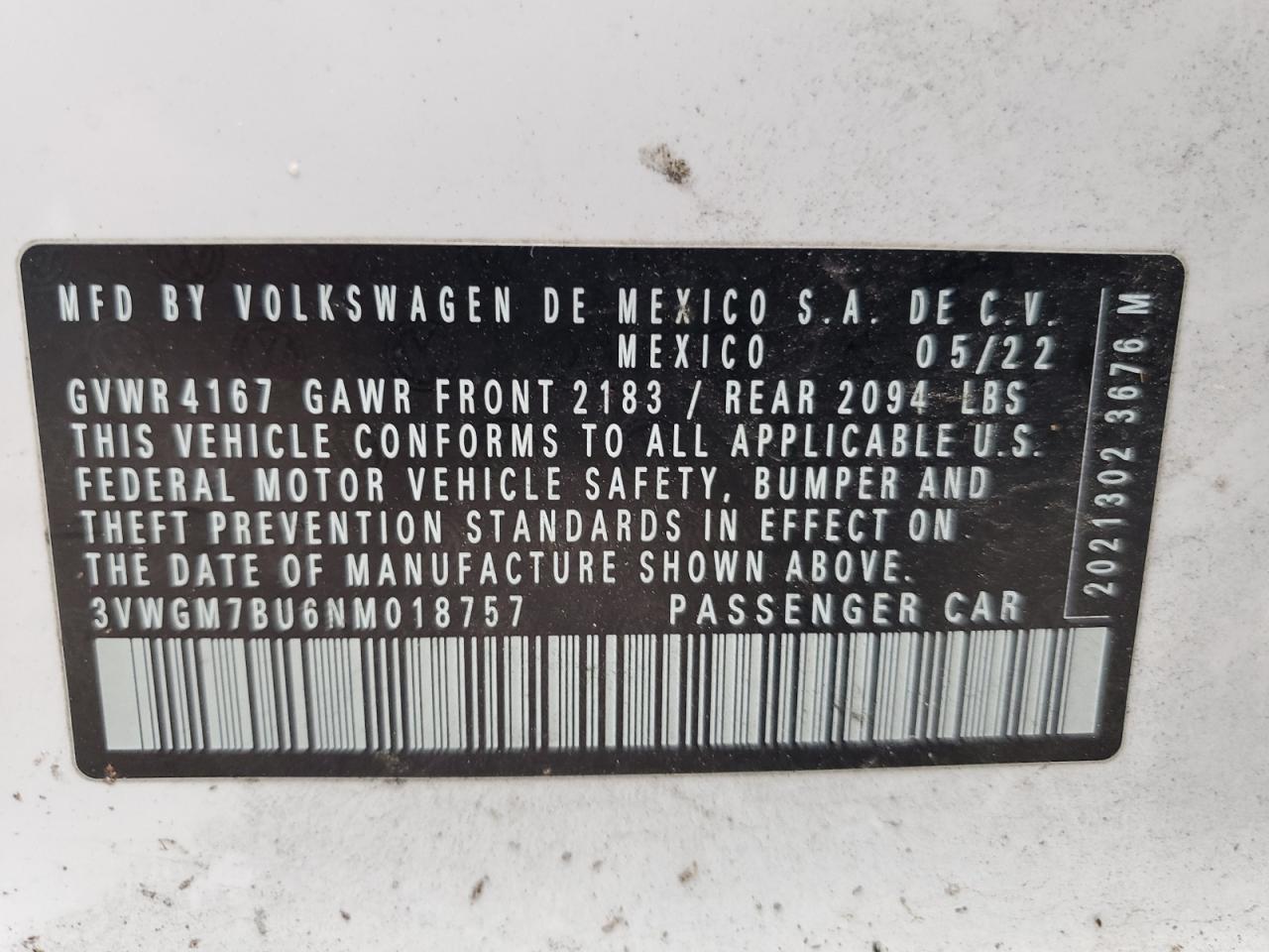 3VWGM7BU6NM018757 2022 Volkswagen Jetta Sel