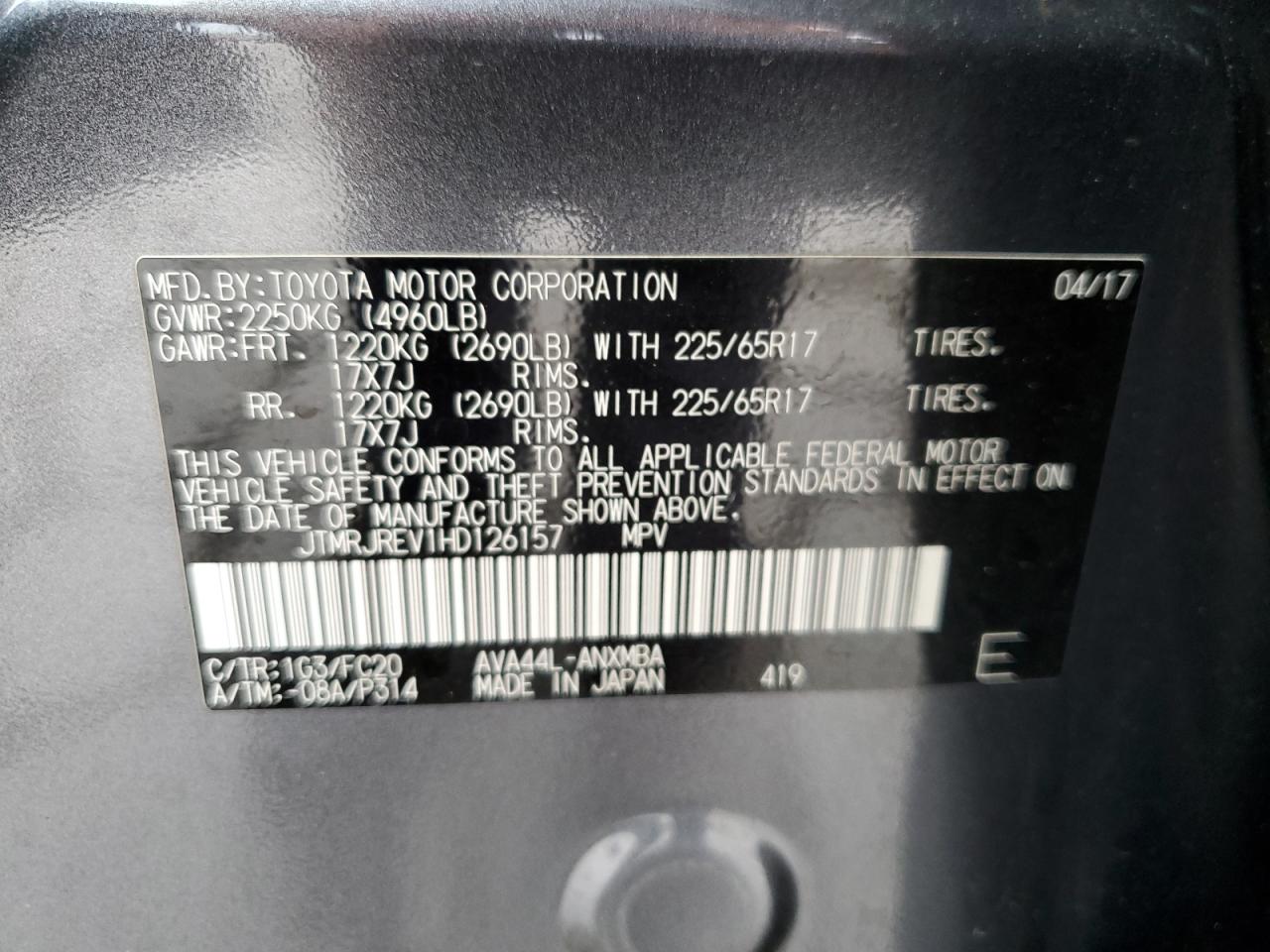 JTMRJREV1HD126157 2017 Toyota Rav4 Hv Le