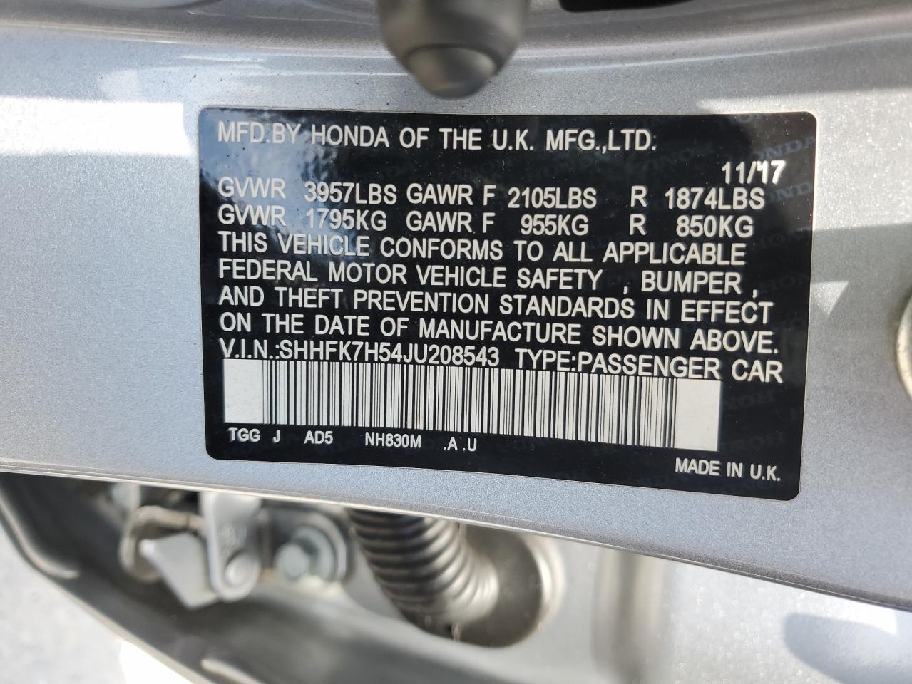 SHHFK7H54JU208543 2018 Honda Civic Ex