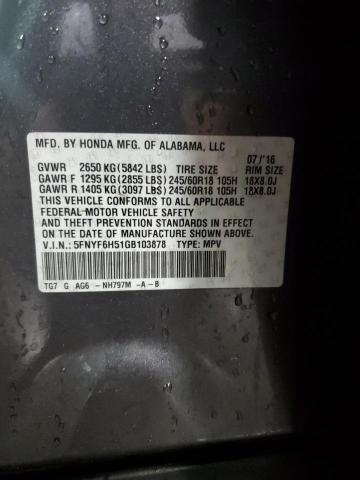 2016 Honda Pilot Exl VIN: 5FNYF6H51GB103878 Lot: 56126514